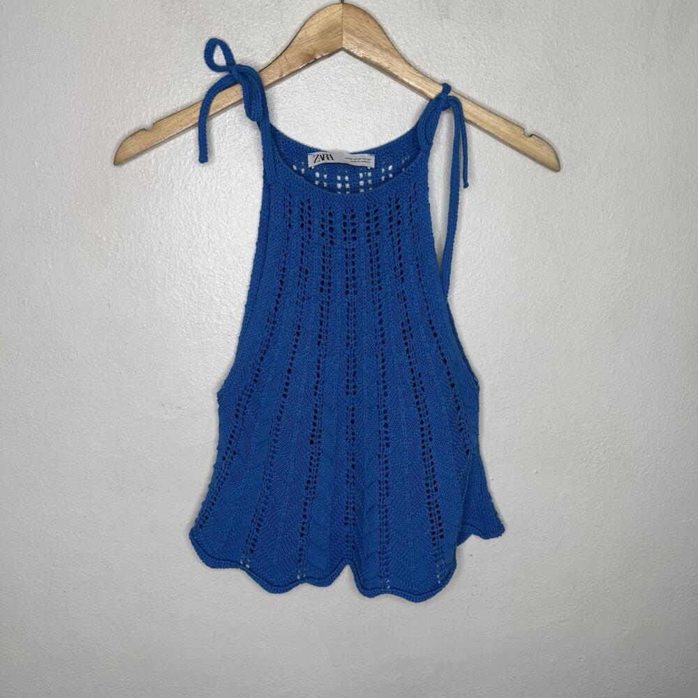 Zara Blue Crochet Tie Strap Tank Top Boho Beach Festival Women's Medium